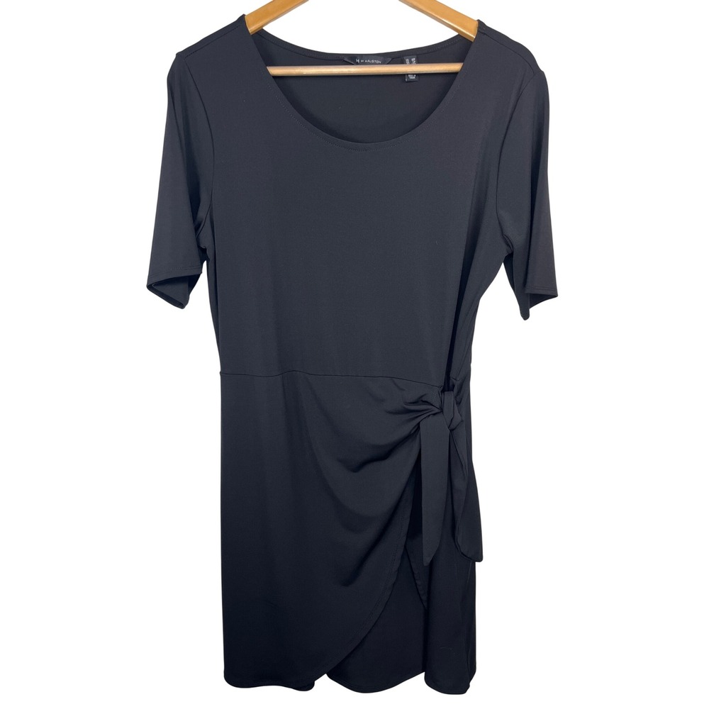 H by Halston QVC Dress MP Medium Petite Black Side Tie Faux Wrap Short Sleeve